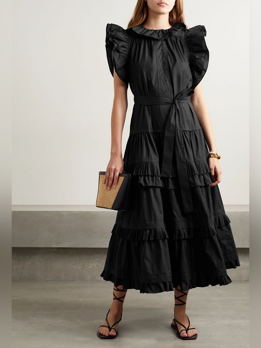 NWOT Ulla Johnson Elsie Dress Black Tiered Ruffle Cotton Poplin Midi Dress 6